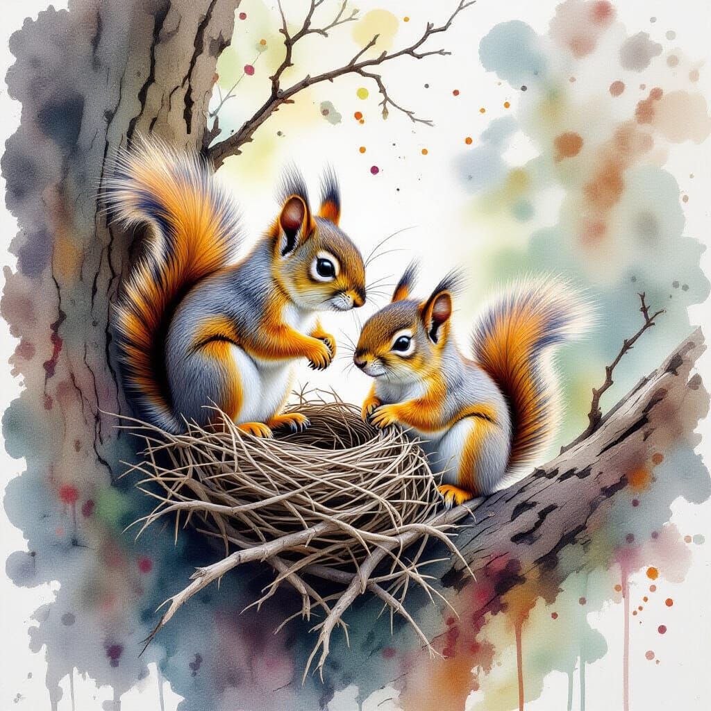 Tiny Squirrels Nesting on Tree Bark in Watercolour Splash Ar...