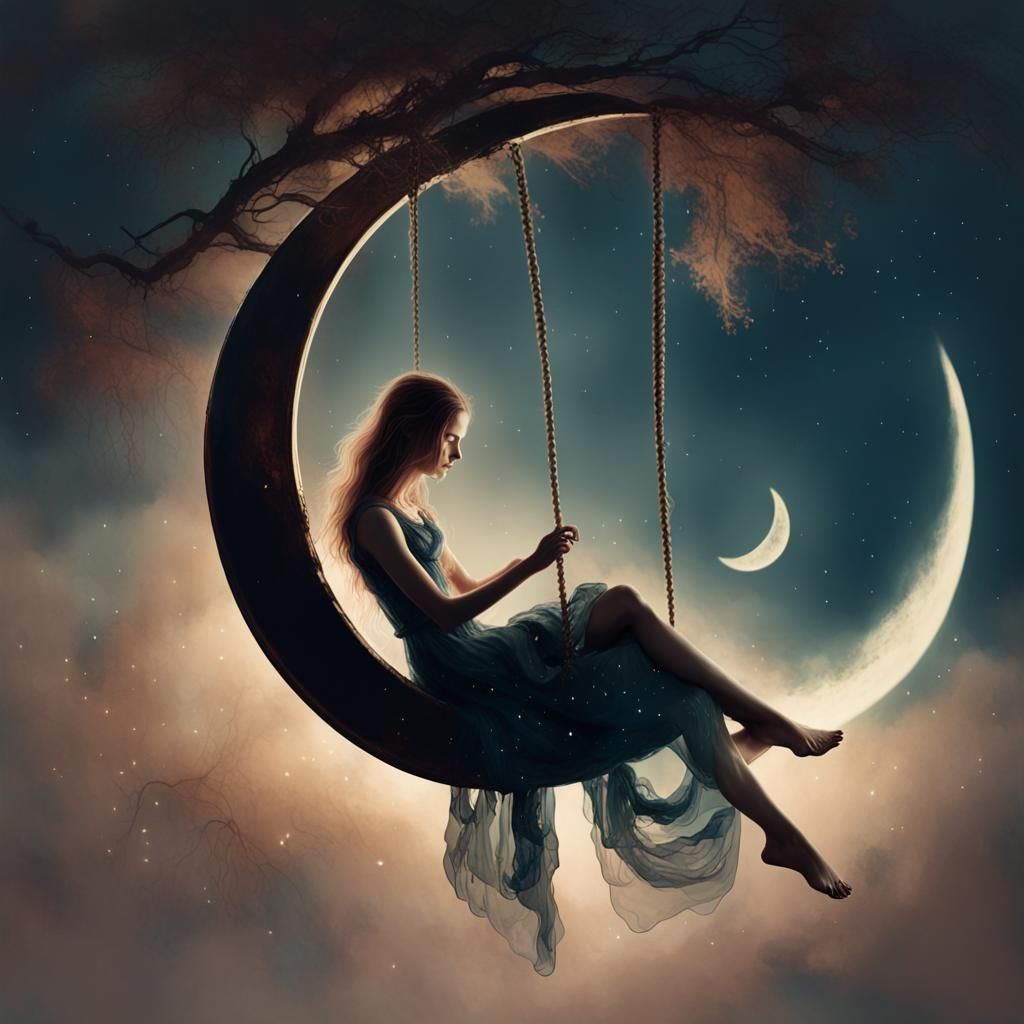 Girl on Moon Swing in Dreamlike Double Exposure