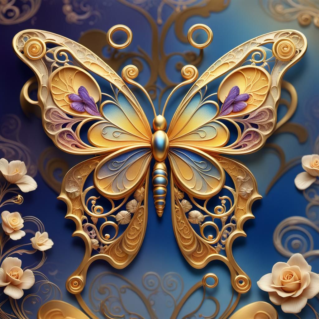 Art Nouveau Butterfly Crafted from Gold and Platinum