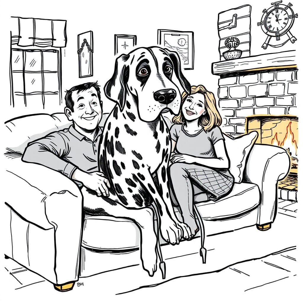 Humorous Great Dane Cartoon in Thelwell Style