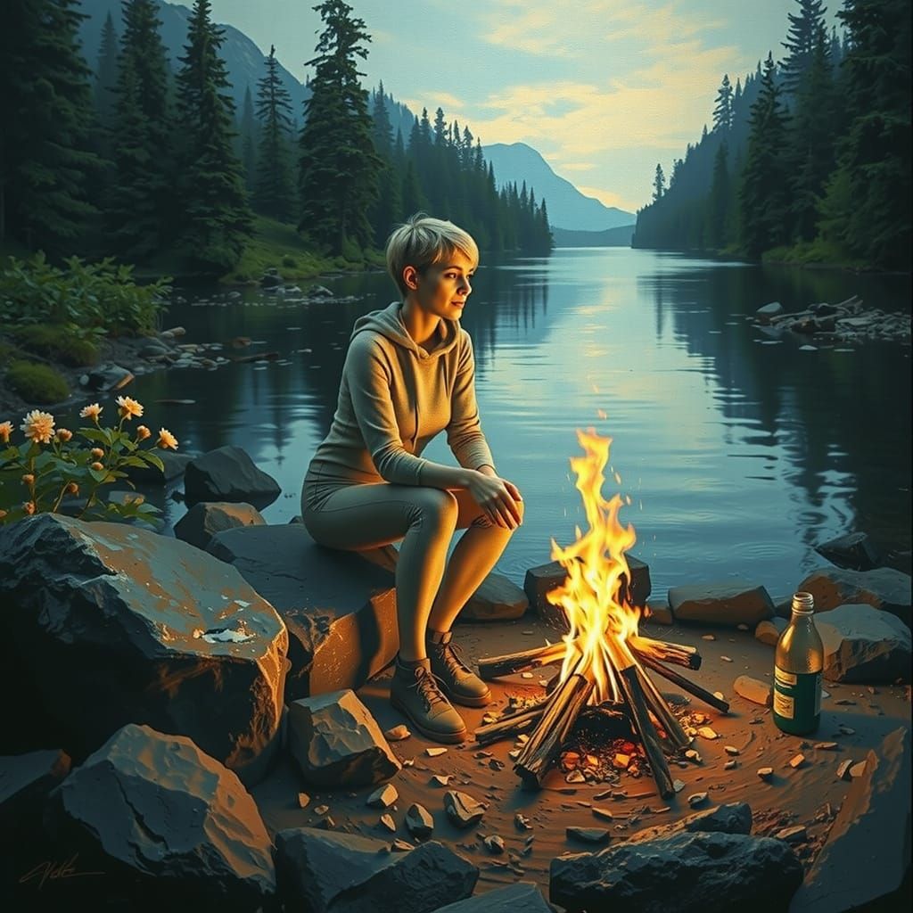 Kind Lady Camping: Oil Painting in Neon Green and Gold