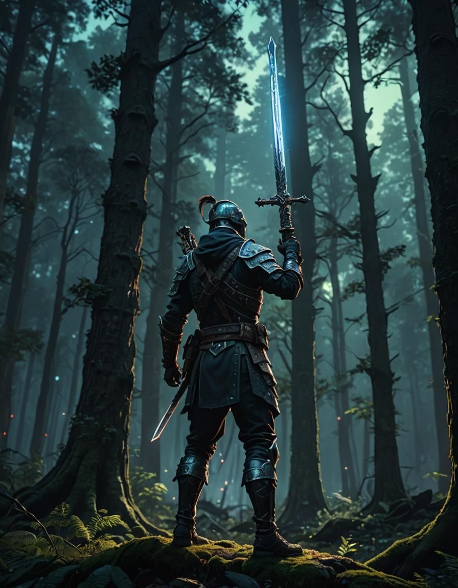 Warrior with Sword in Forest, Neon Outlines