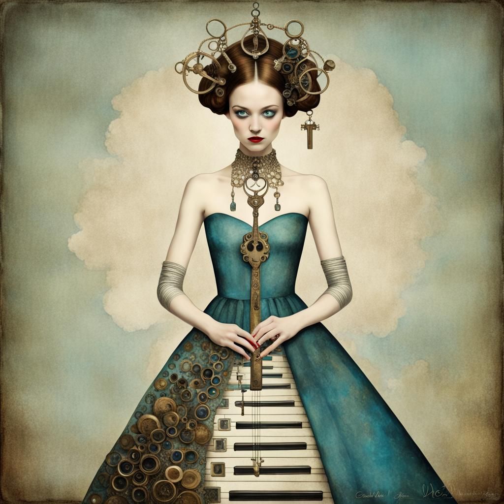 Woman in Key Dress, Surreal Digital Art