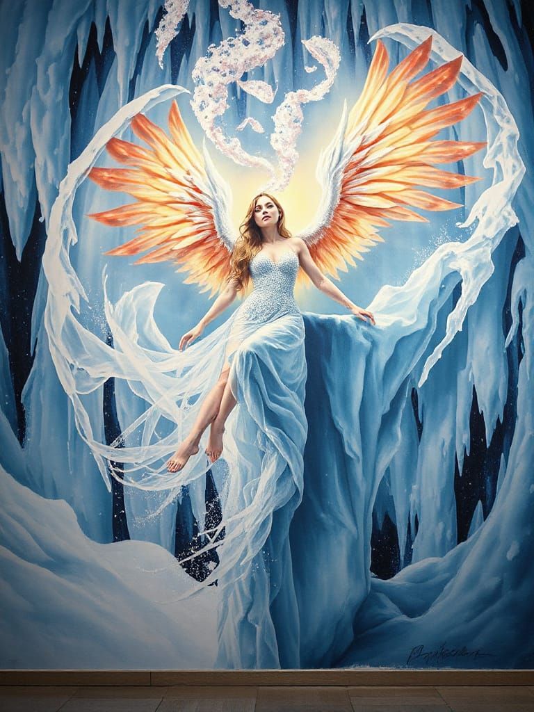 Mythic Snow Phoenix Woman Emerges from Icy Mural