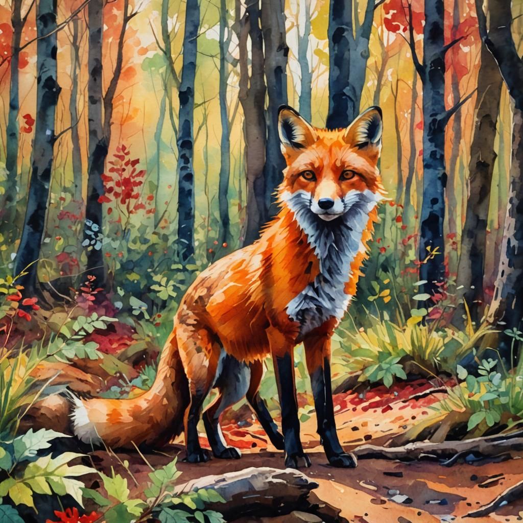 Vibrant Red Fox in Forest, Watercolour Impasto