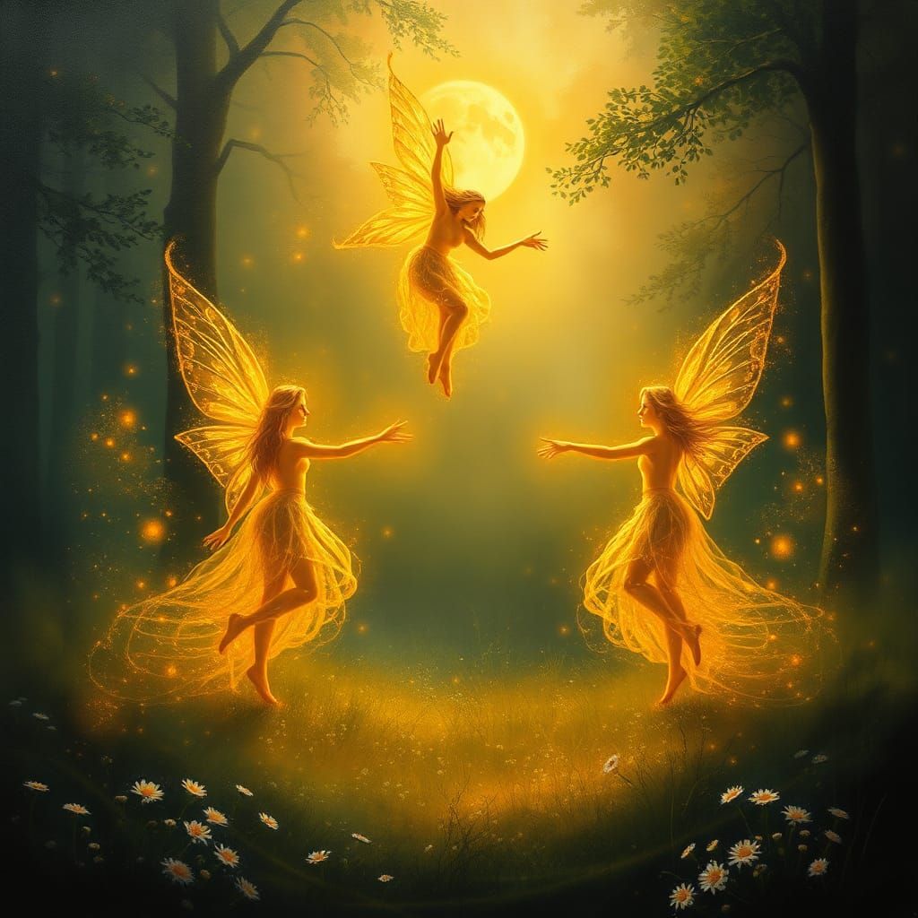 Light-Fairies Dance in Moonlit Forest, Oil Painting