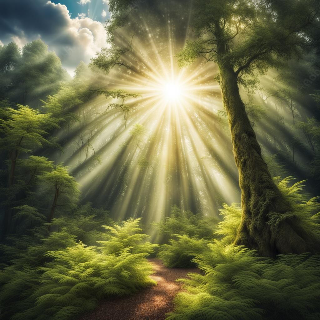 Magical Forest Landscape with Divine Sunshine