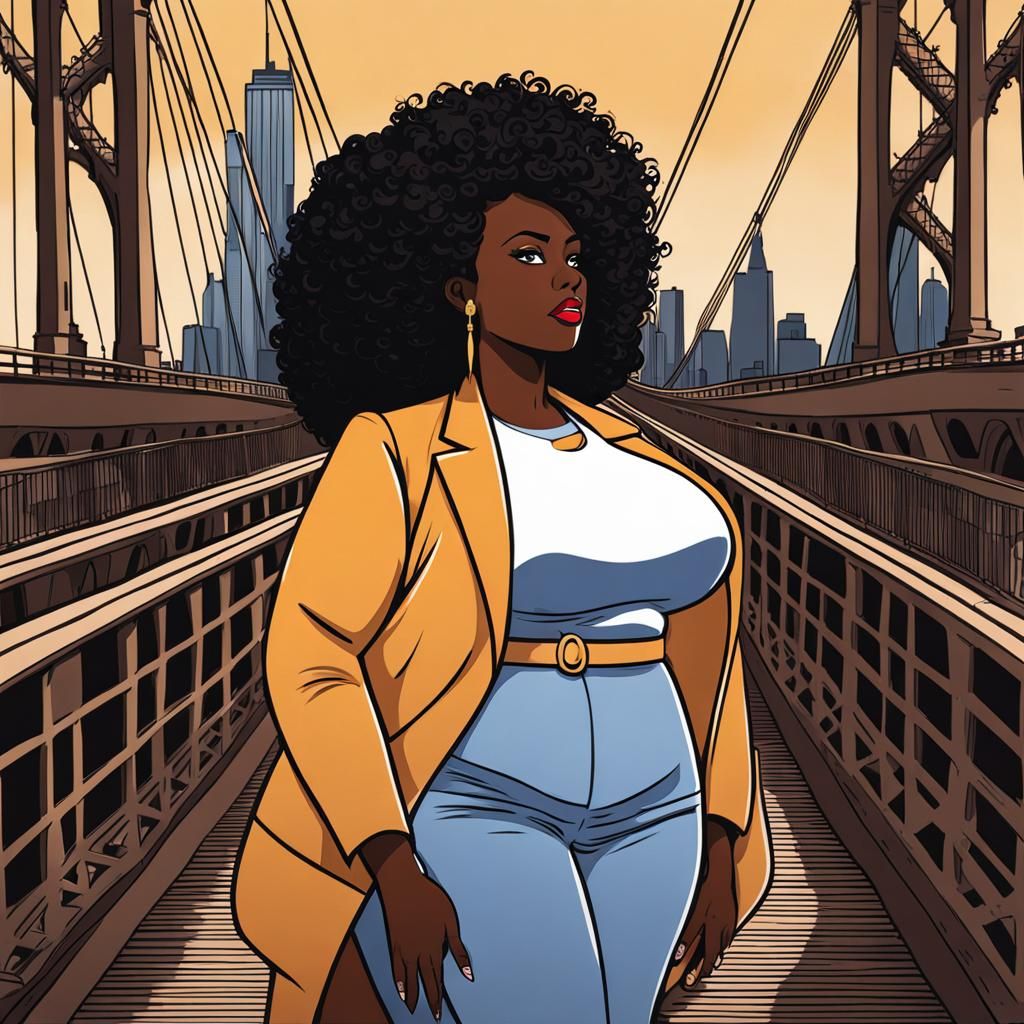 Cartoon Woman on Brooklyn Bridge Illustration