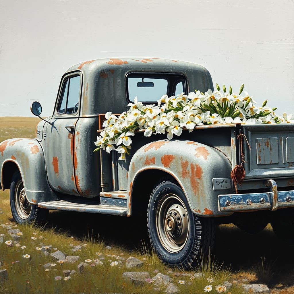 Antique Ash Truck with Irises as Impasto Painting