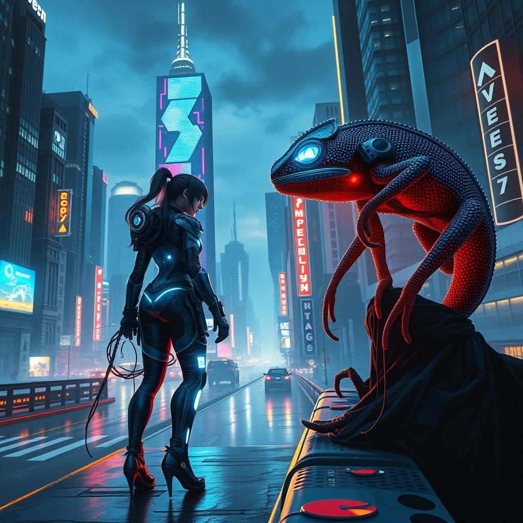 Heroic Showdown in a Neon Cityscape