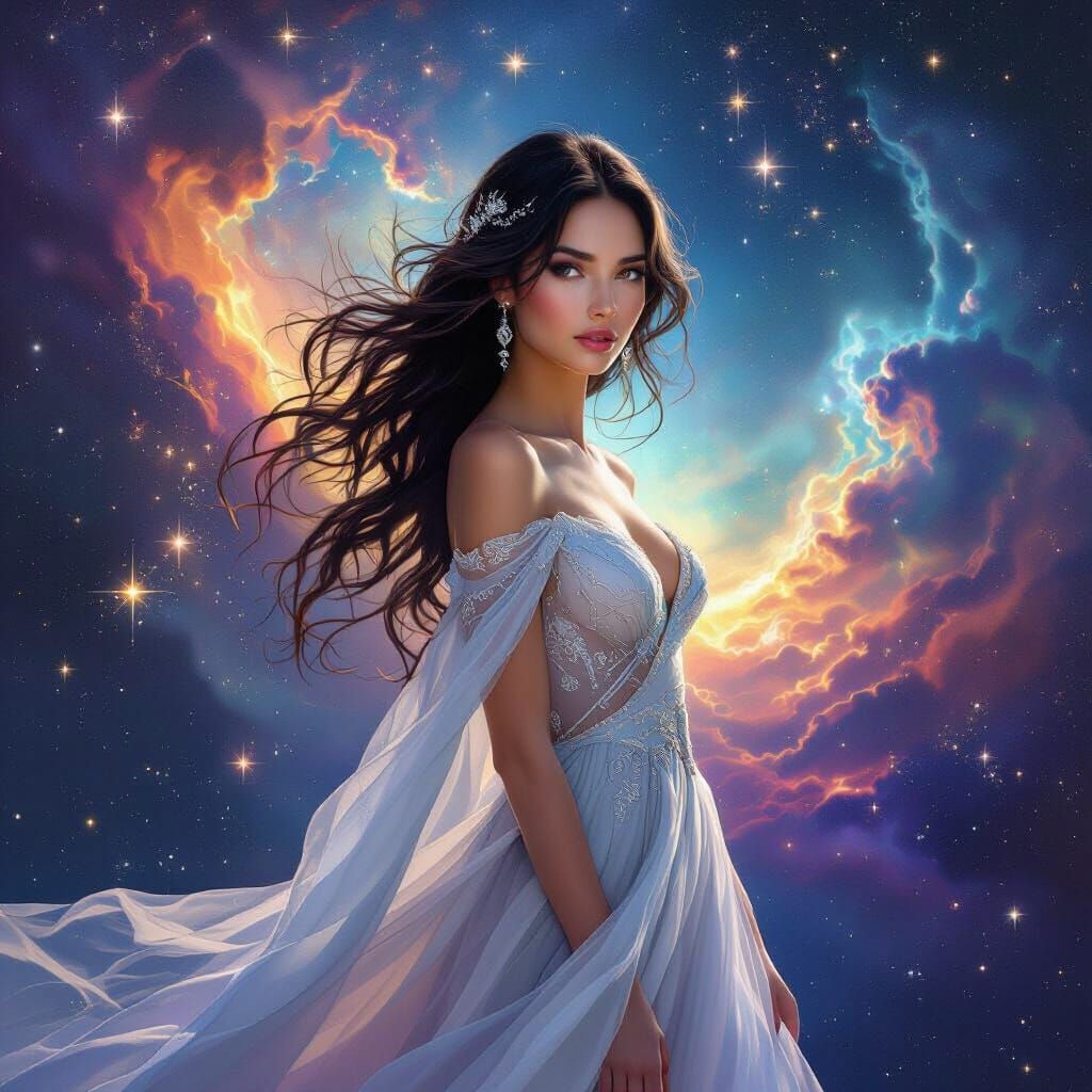 Beautiful Woman in Ethereal Gown Amidst Galactic Wonder