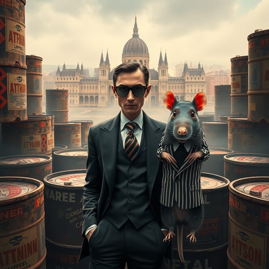 Cyberpunk Gangster Amidst Oil Barrels and Budapest Landmark