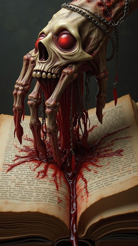 Skeletal Hand Erupts from Book of the Dead, Giger-Inspired H...