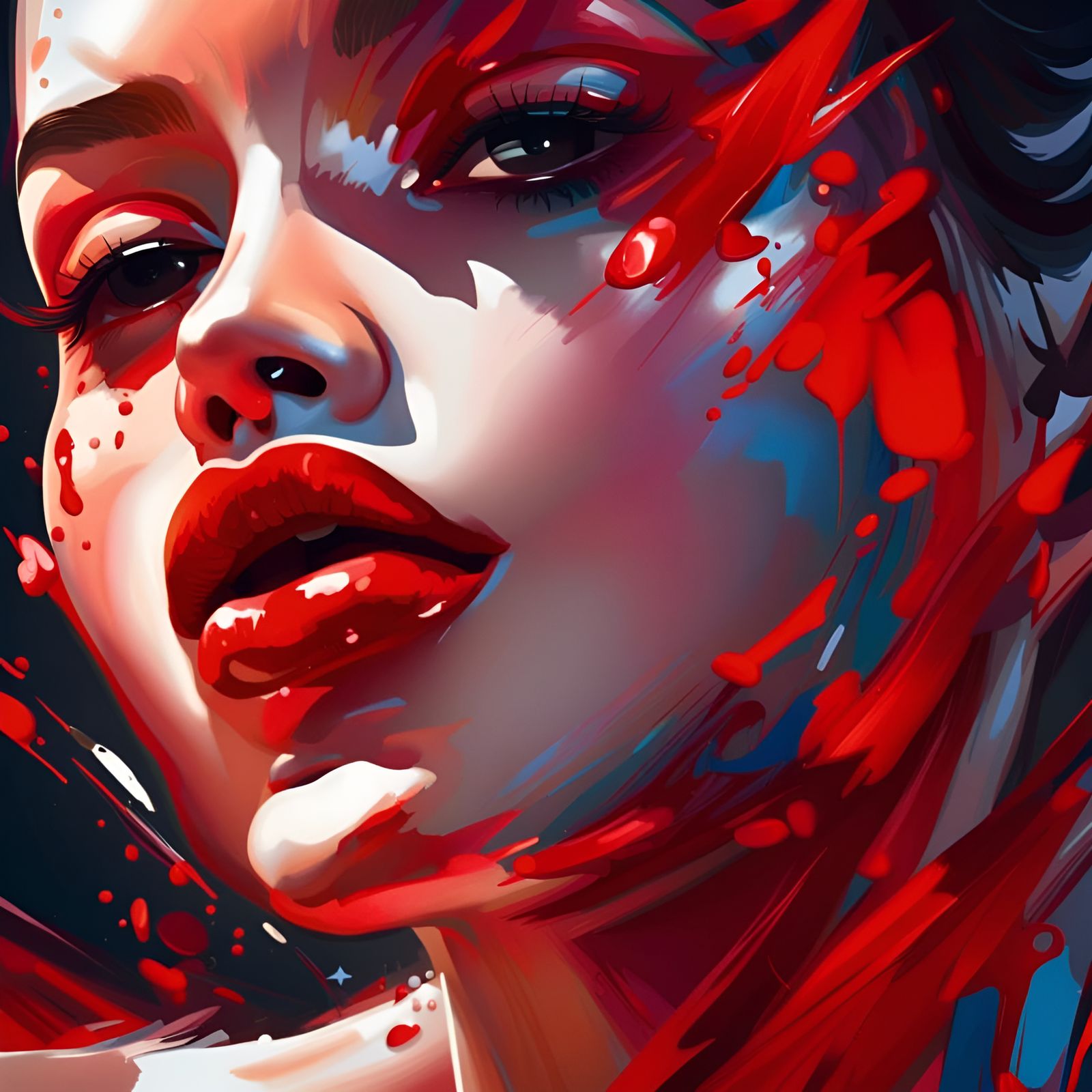 Beautiful Face with Red Lips in Splash Art Style