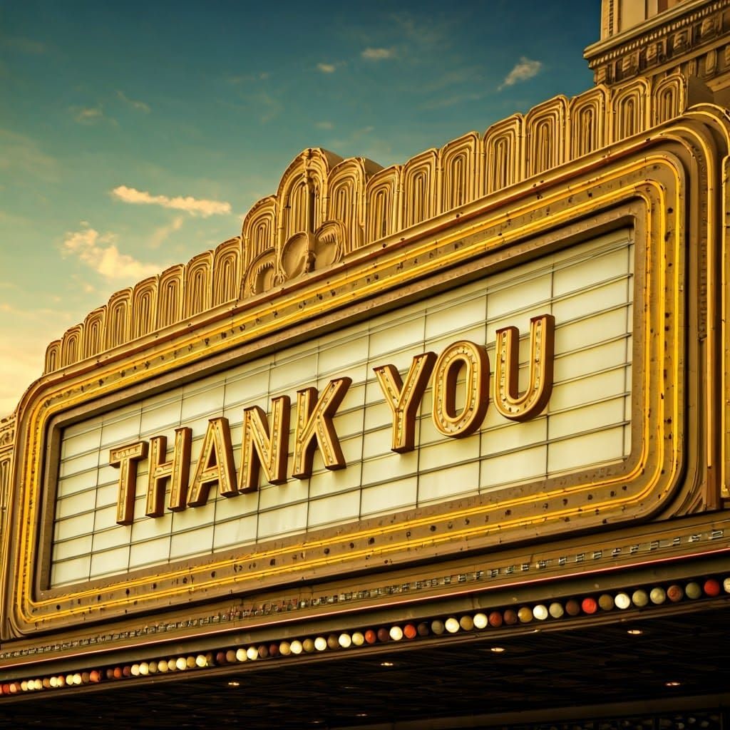 Vintage Art Deco Theater Marquee Displays Golden "Thank You"...