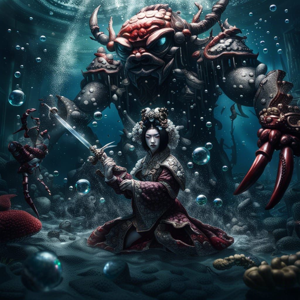 Epic Underwater Battle: Golem Versus Geisha Crab Queen