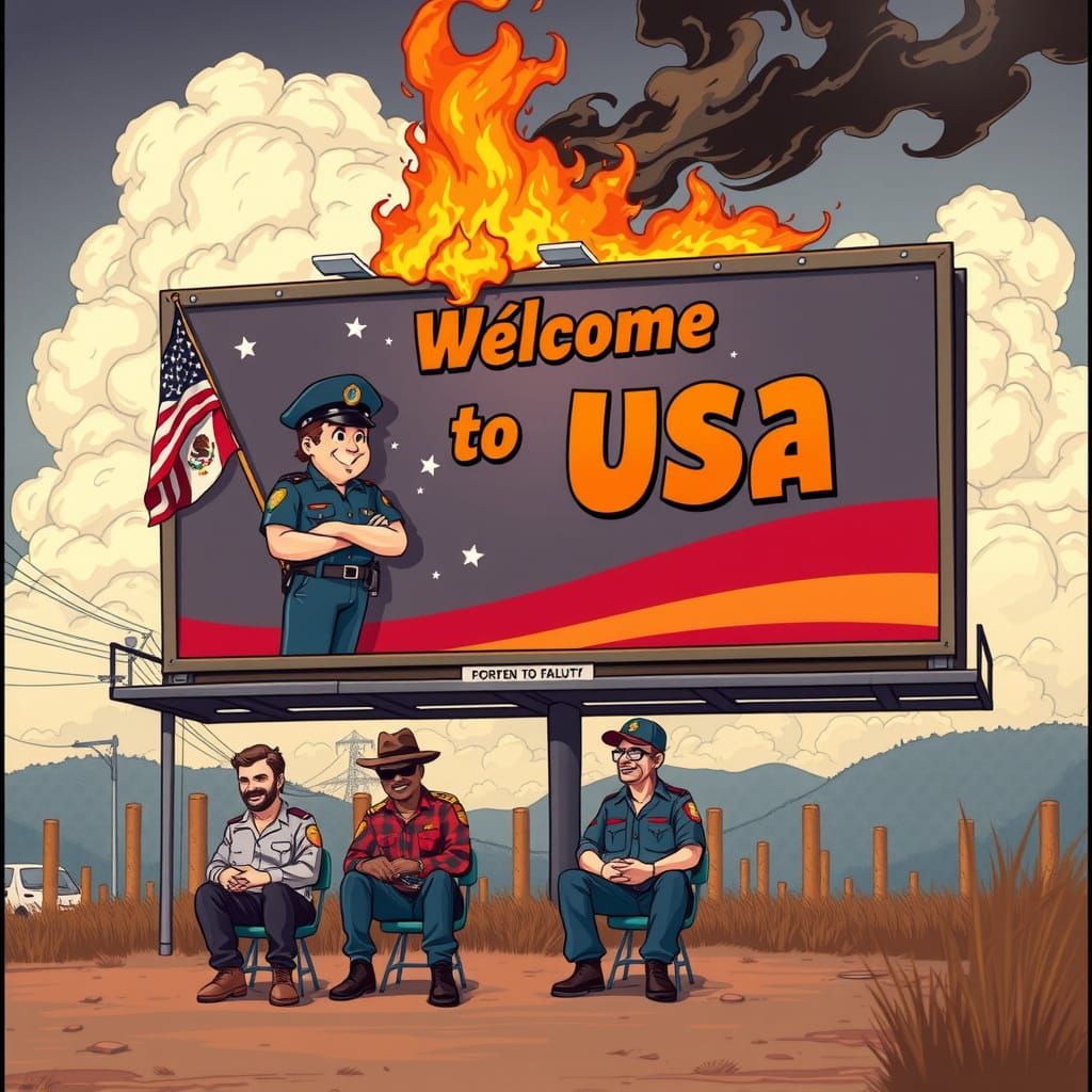 Burning American Flag, Border Patrol and Immigrants in Carto...