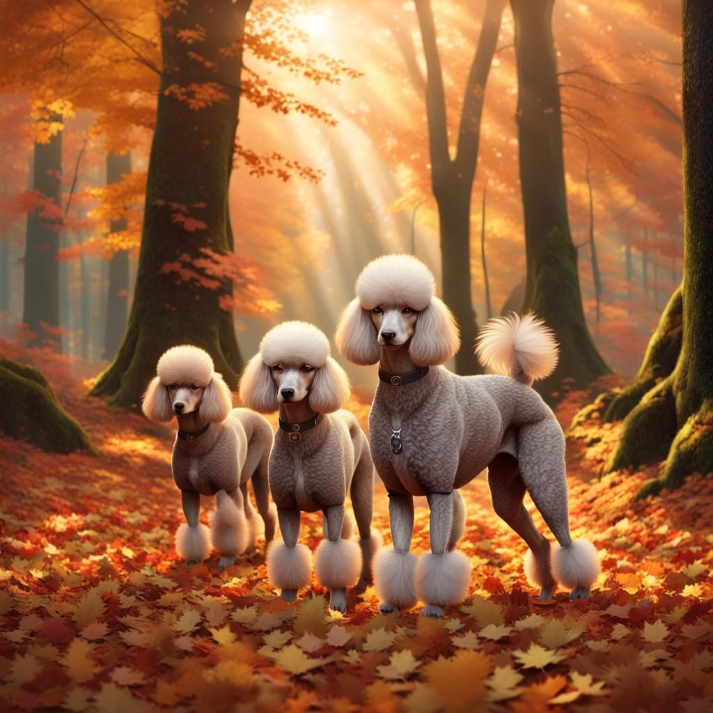 Poodles in Autumnal Forest: Hyper-Realistic Digital Art