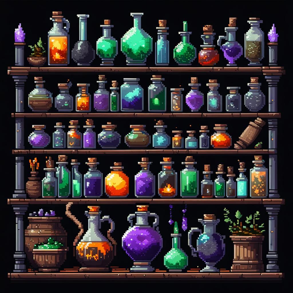 Detailed Pixel Art Shelf of Magic Potions