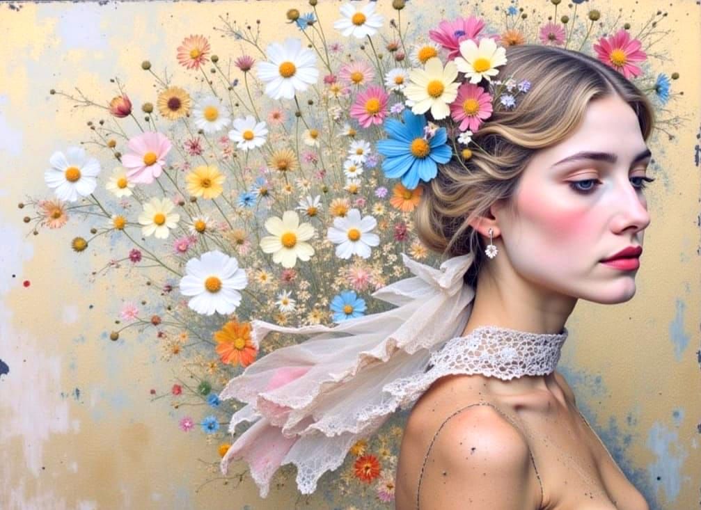 Woman with Floral Background in Klimt Style