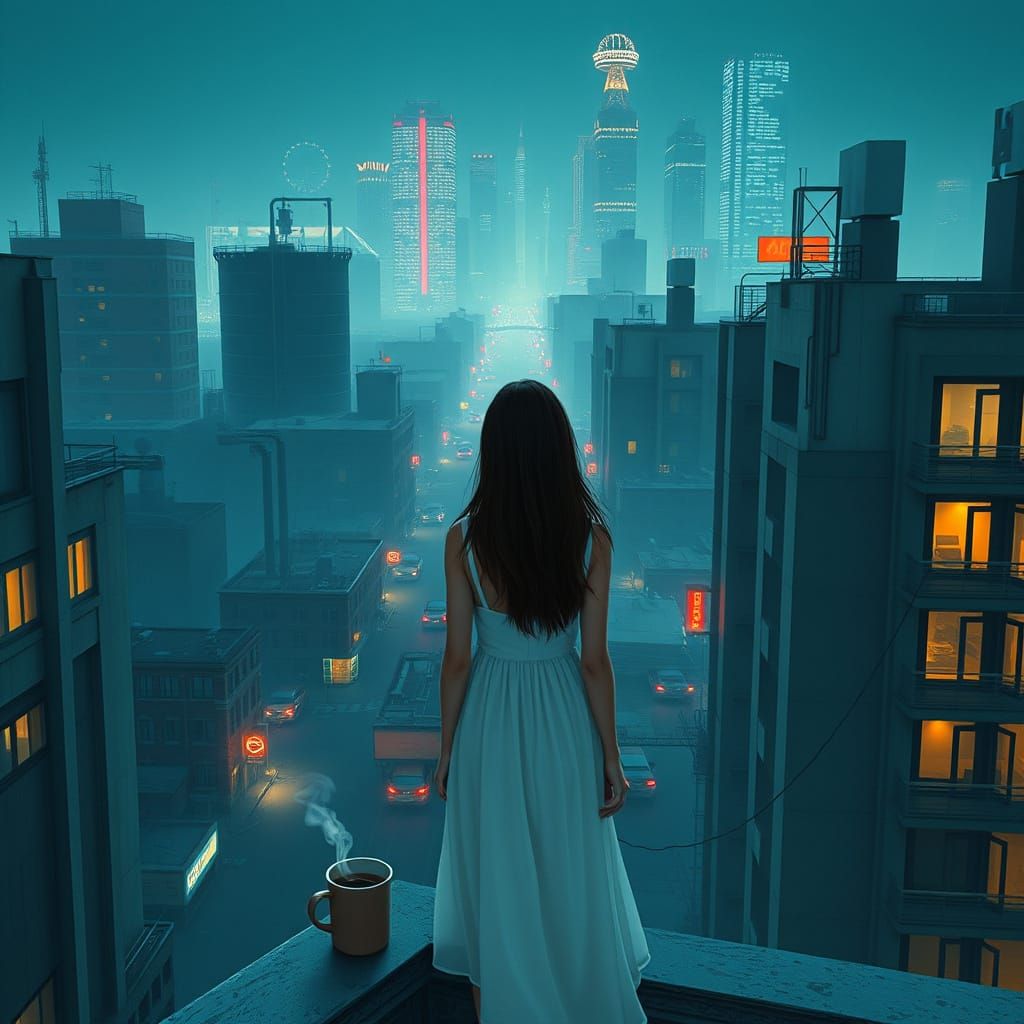 Girl on Rooftop in Hyperrealistic Style