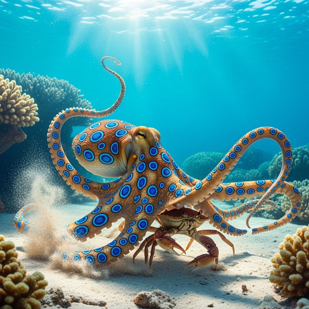 Blue-Ringed Octopus Captures Crab in Coral Reef