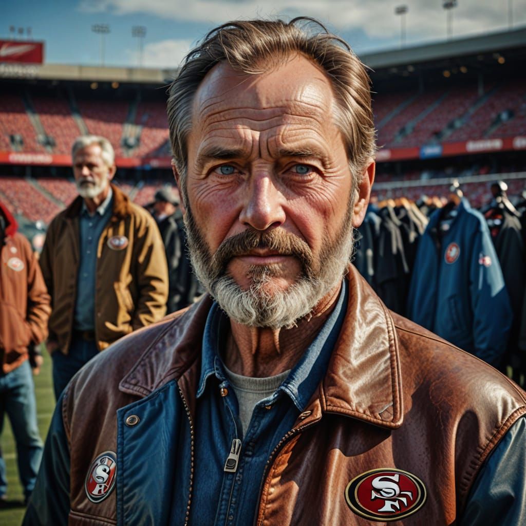 Hyperrealistic Portrait of Man in '49ers Jacket