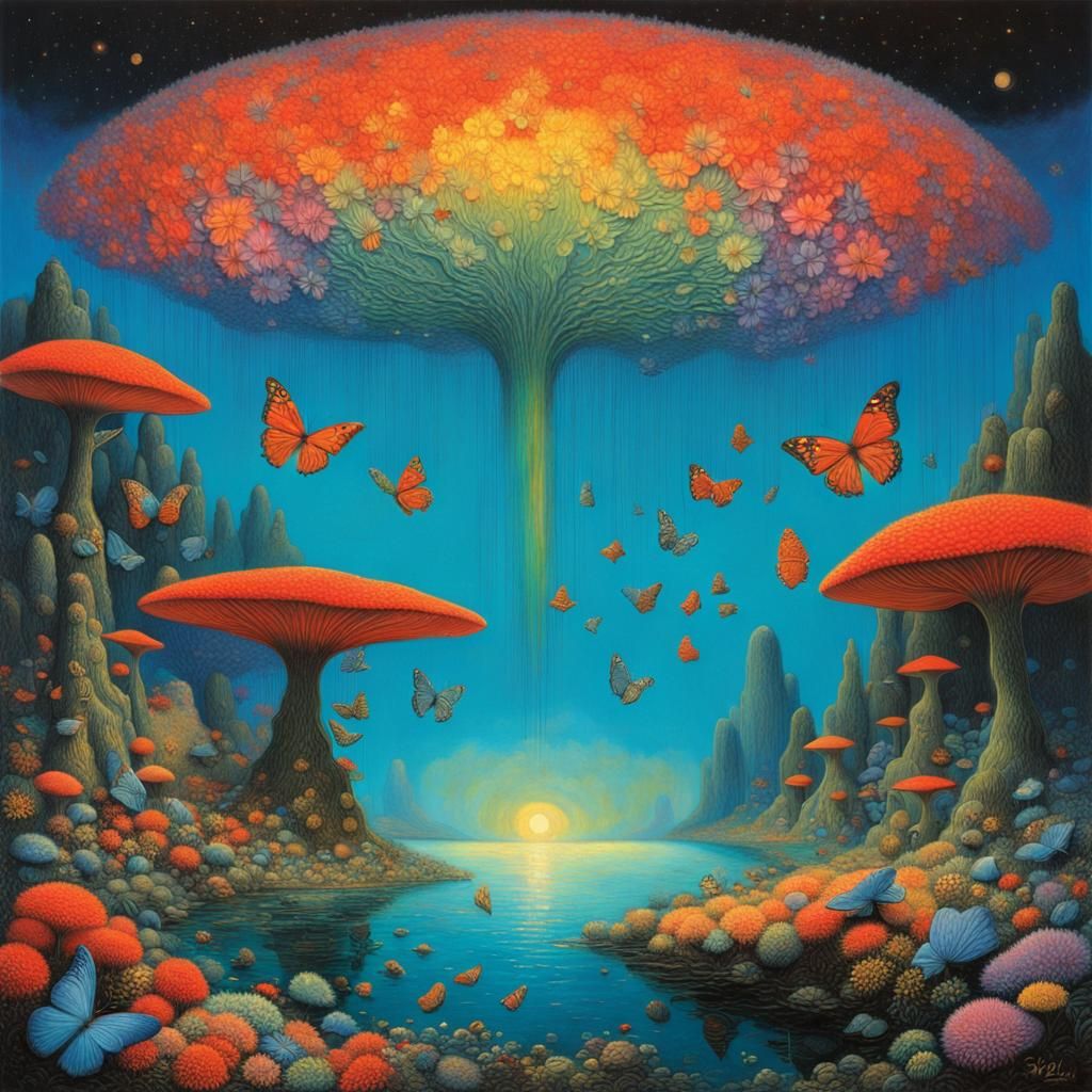 Floating Islands with Giant Flowers in Surrealist Style