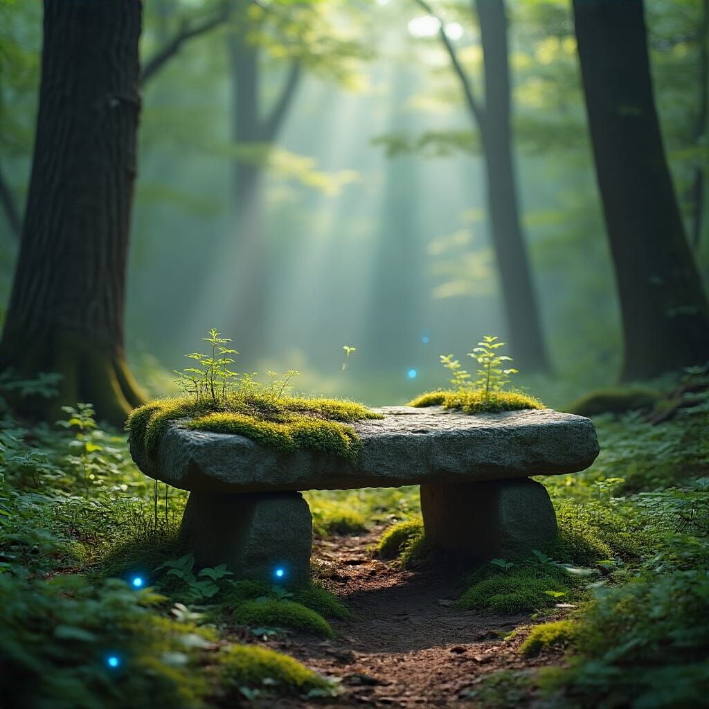 Stone Seat in Verdant, Misty Forest