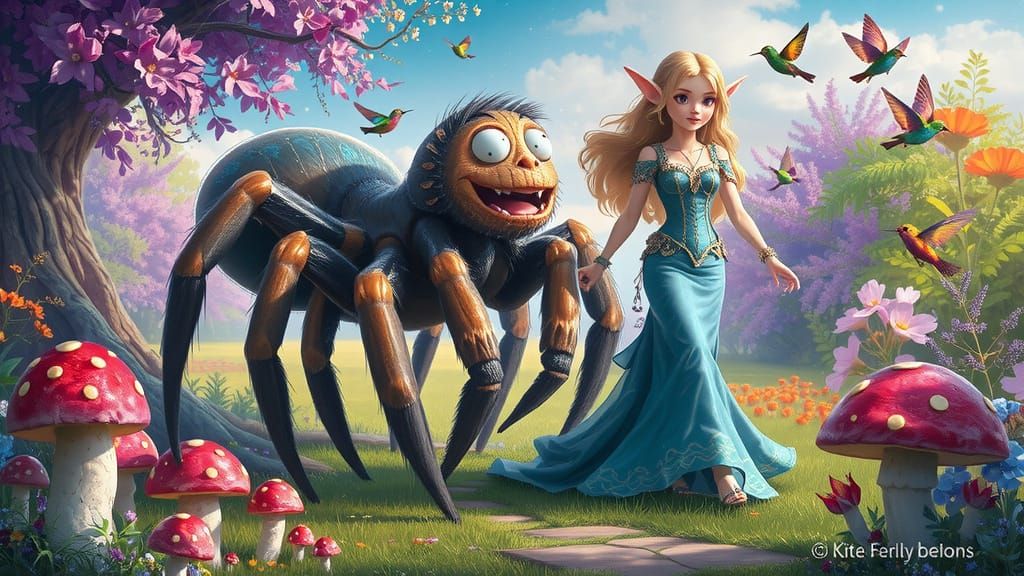 Whimsical Elven Woman and Majestic Spider Stroll through Vib...