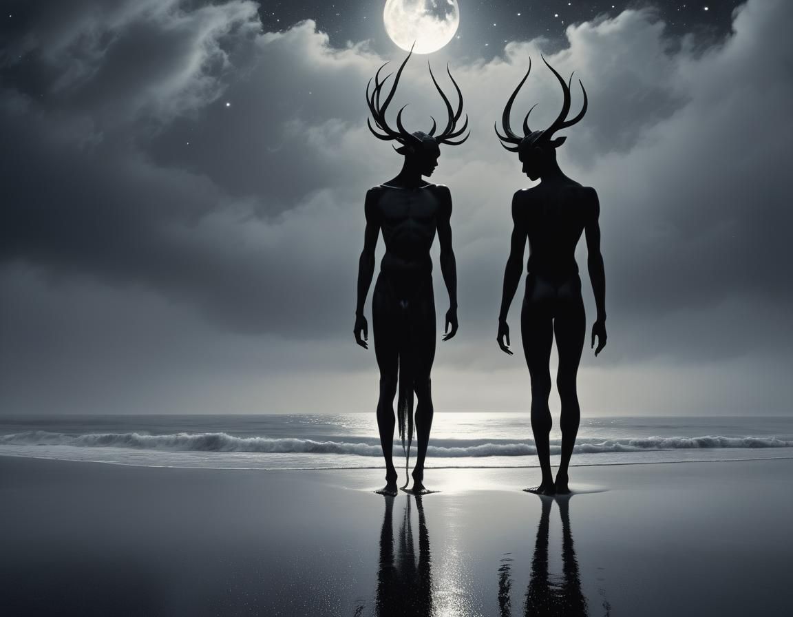 Ominous Antlered Figure on Misty Beach in Art Nouveau Style