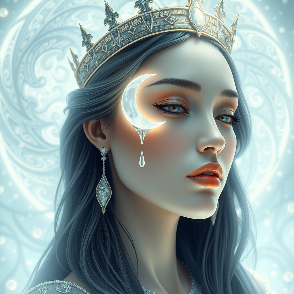 Luna Queen Amidst Melting Crescent Moon in Dreamlike Aura