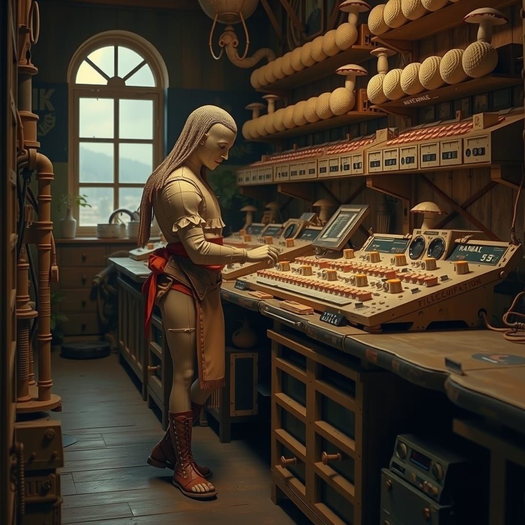 Surreal 17th Century Computer Beside Mushroom Bungalow