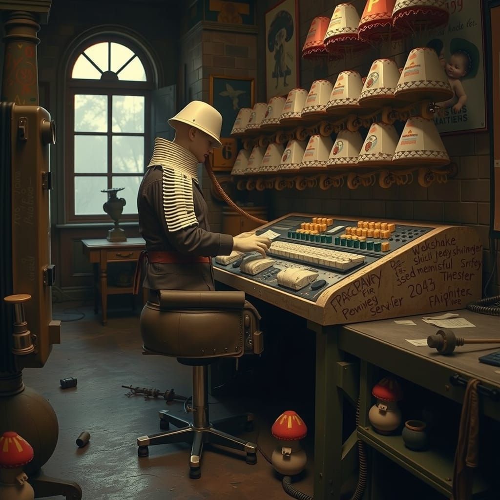 17th Century Computer with Mushroom Flags, Hyperreal Style