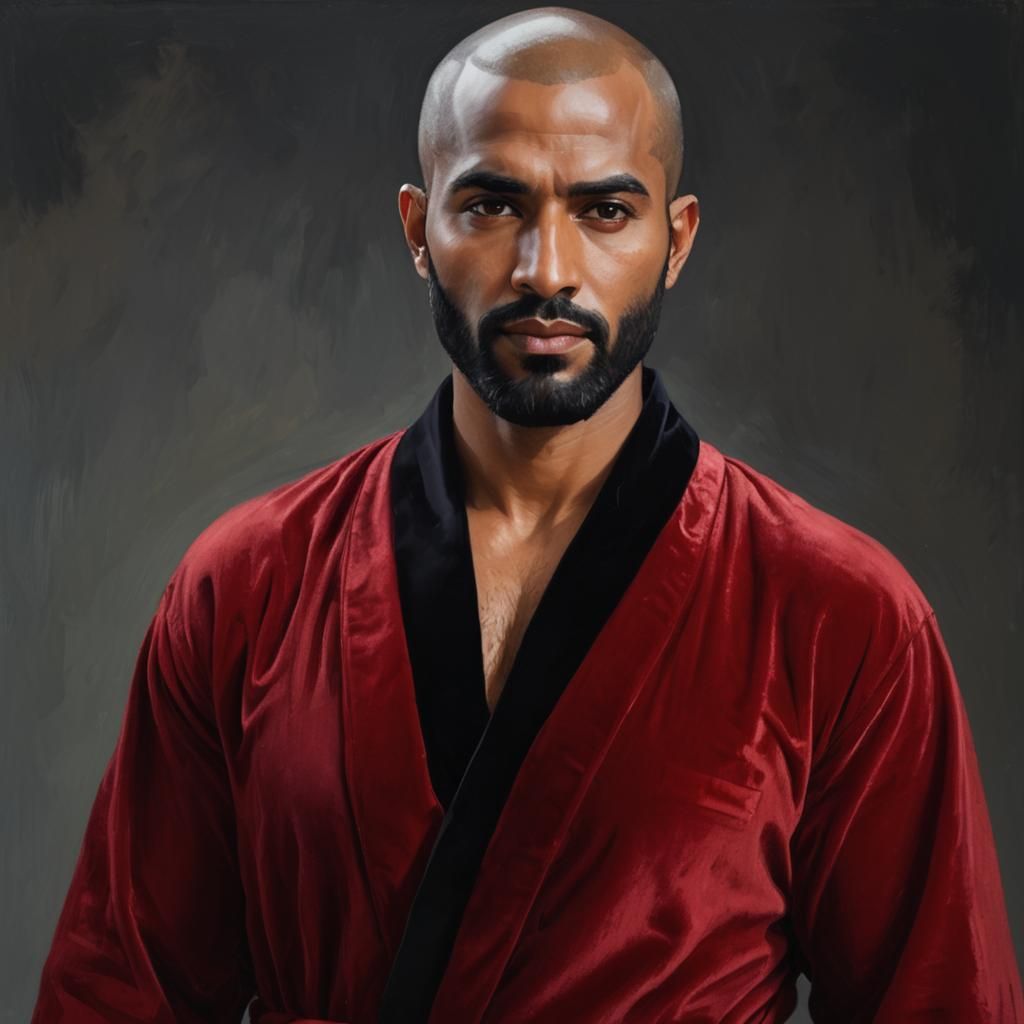 Pensive Man with Beard in Red Velvet Robe