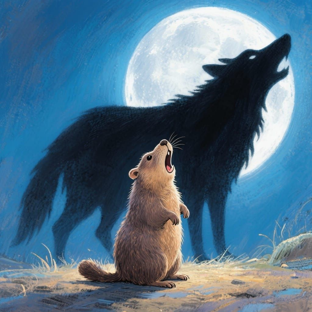Groundhog Howling at Moon, Wolf Shadow, Whimsical Illustrati...