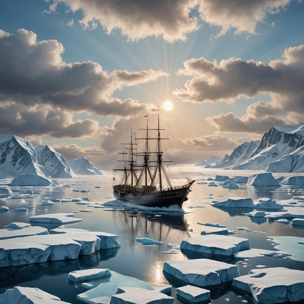 Victorian Steam Ship Soaring Over Arctic Landscape