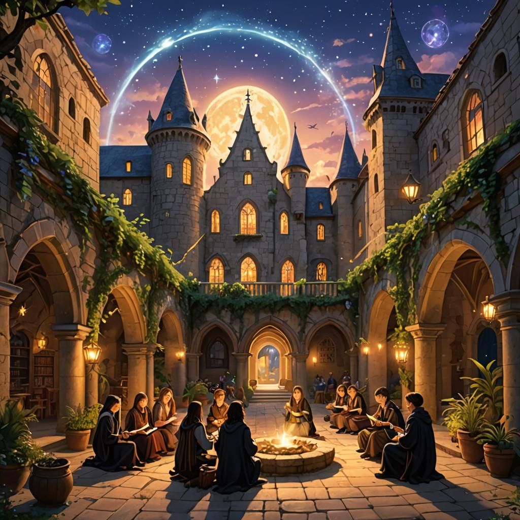 Magical Academy Courtyard: Wizards Prepare for New Year