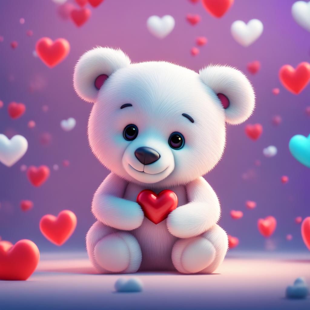 Cute White Teddy Bear with Heart as 3D Art