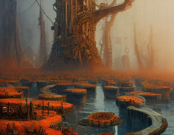 Dystopian Steampunk Village in Toxic Mangrove Swamp