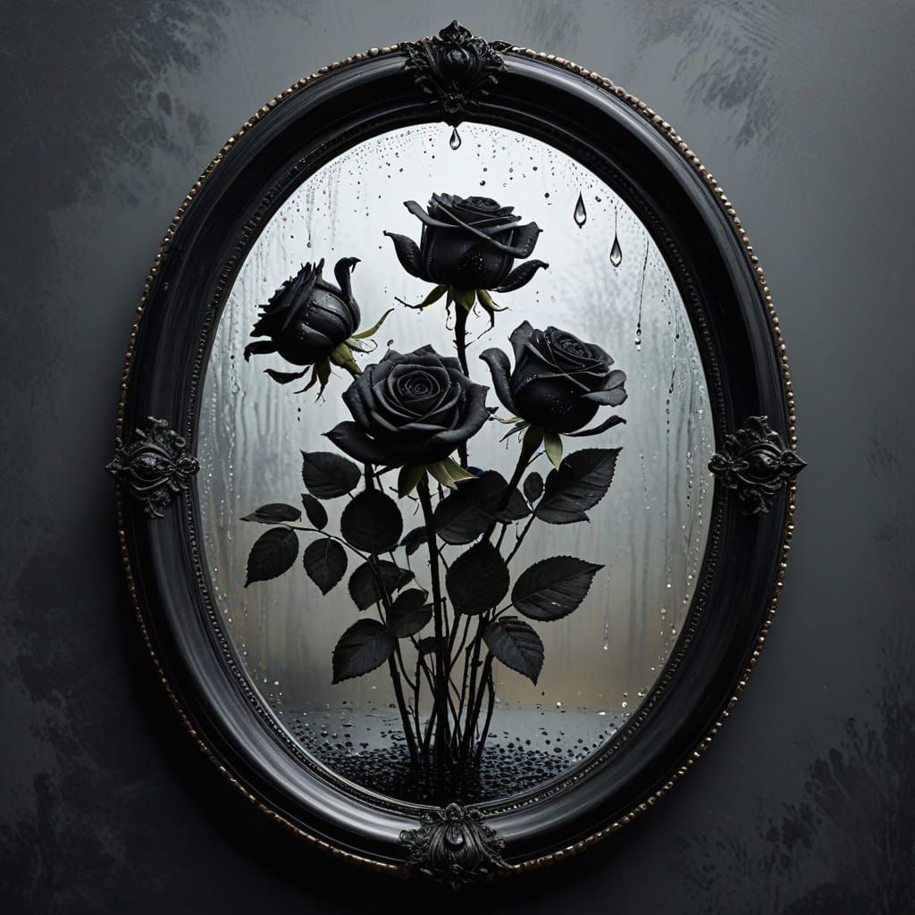 Velvety Black-Lace Roses in Dreamy, Crystal-Clear Reflection