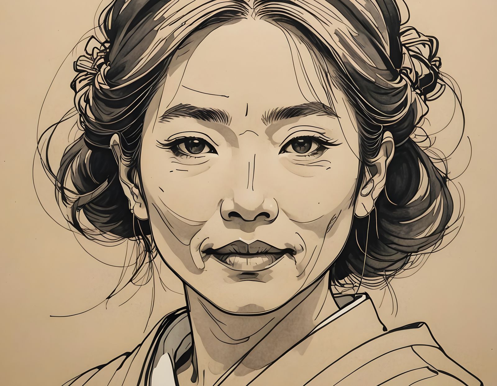 Elegant Continuous Line Portrait of a Japanese Woman