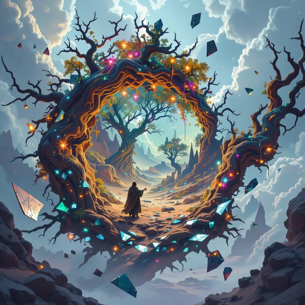 Ancient Bioluminescent Tree Amidst Mirror Shards