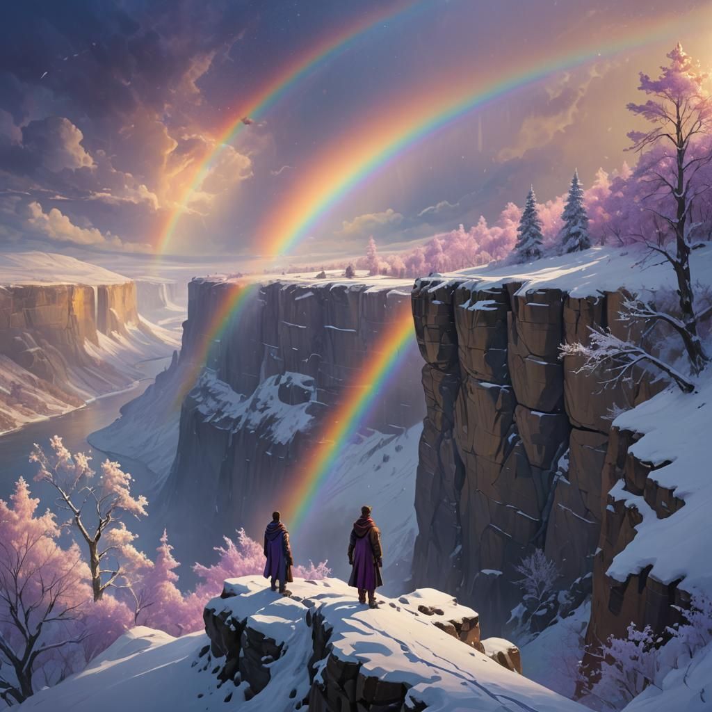 Majestic Rainbow Over Snowy Cliff in Fantasy Art