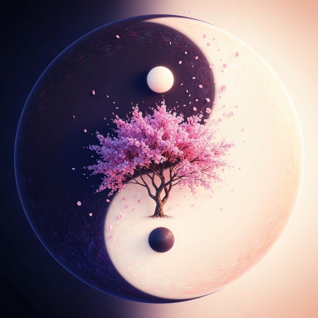 Yin-Yang Symbol with Cherry Blossom in Digital Art Style