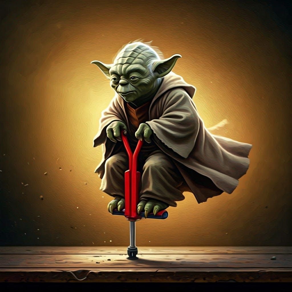 Yoda's Pogo Jump in Oil Painting Style
