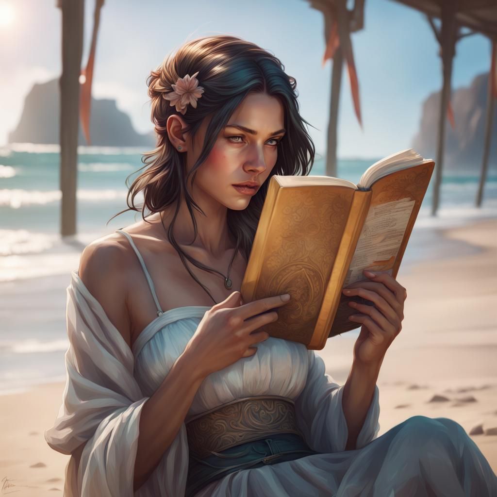 Hyperdetailed Portrait of Reader on Beach