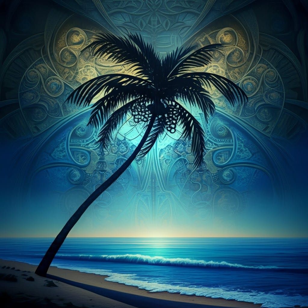 Palm Silhouette on Blue Beach in Ukiyo-e Style