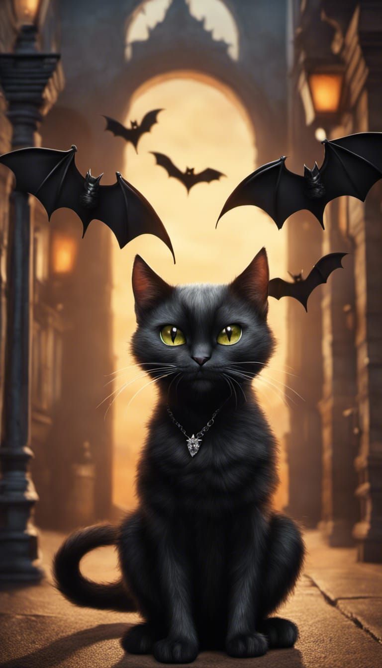 Halloween Bat Cat in Hyperrealistic Digital Painting