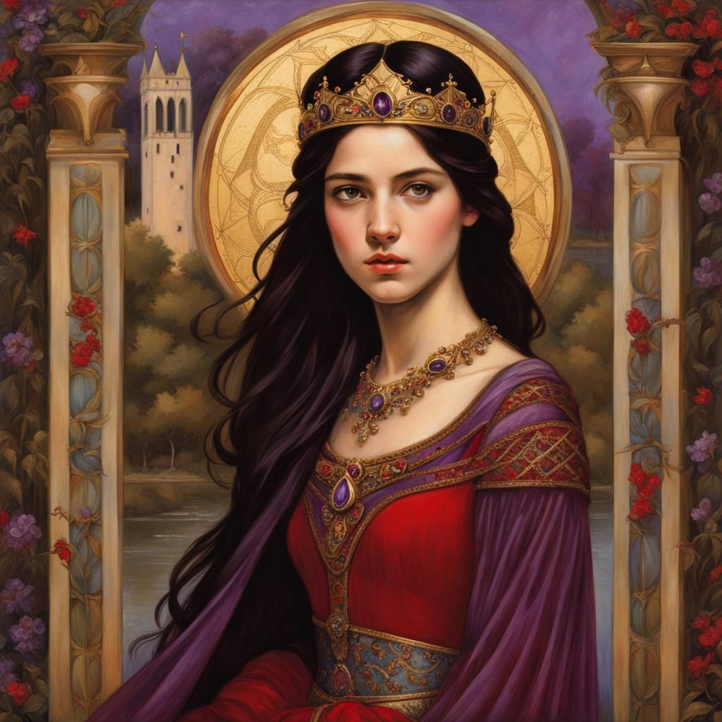 Medieval Princess with Amethyst Crown in Pre-Raphaelite Styl...